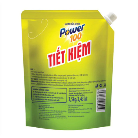 Nước rửa chén POWER100 tiết kiệm hương chanh TÚI 3.5kg