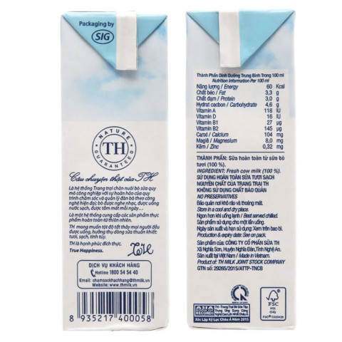 Sữa tươi tiệt trùng TH true MILK không đường 1 lít
